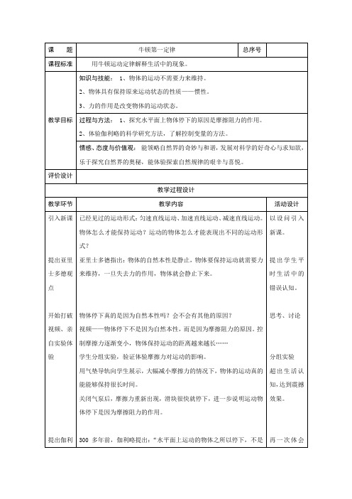 高中物理_牛顿第一定律教学设计学情分析教材分析课后反思