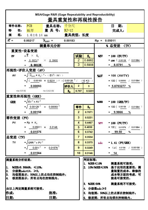 量具重复性和再现性报告