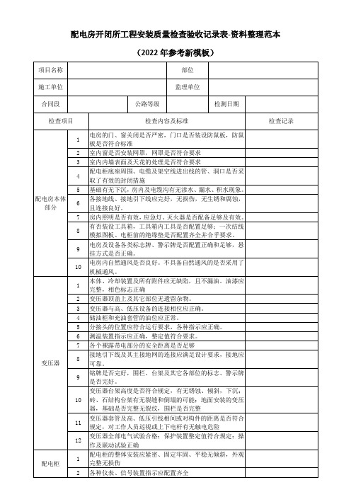 配电房开闭所工程安装质量检查验收记录表-资料整理范本(2022年参考新模板)