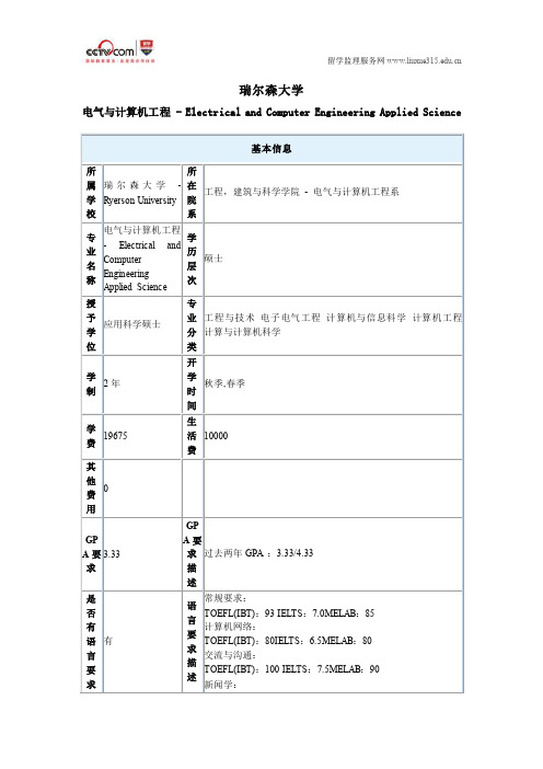 瑞尔森大学电气与计算机工程专业硕士