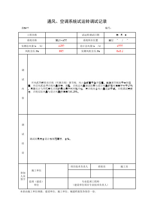 通风、空调系统试运转调试记录