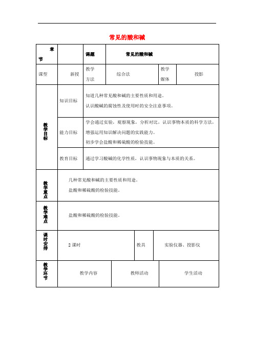 九年级化学下册 8.2《常见的酸和碱》教案 (新版)粤教版