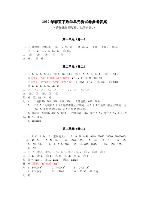 2012年春五年级数学单元检测卷参考答案docAqnAUP
