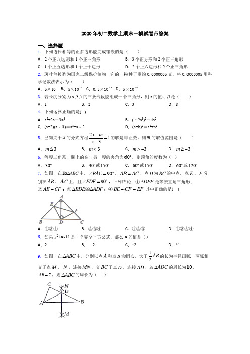 2020年初二数学上期末一模试卷带答案