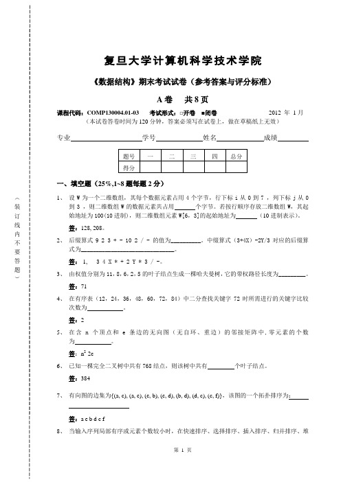 数据结构,期末考试试卷,复旦大学计算机科学技术学院-2012