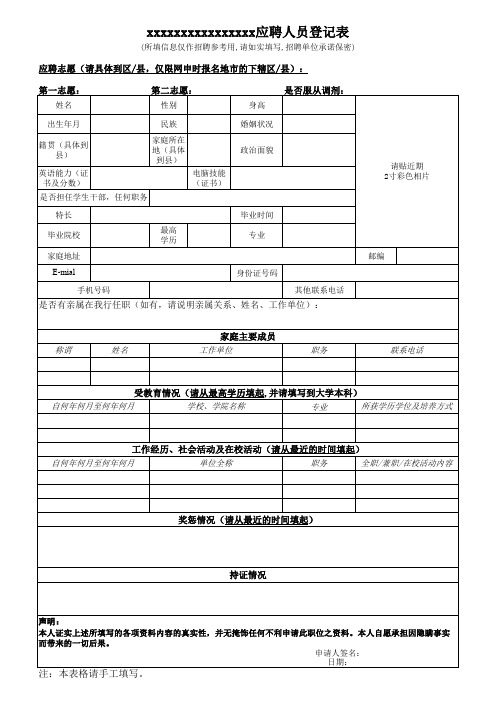 应聘人员登记表(1份,手填,,双面打印,贴2寸彩色证件照)