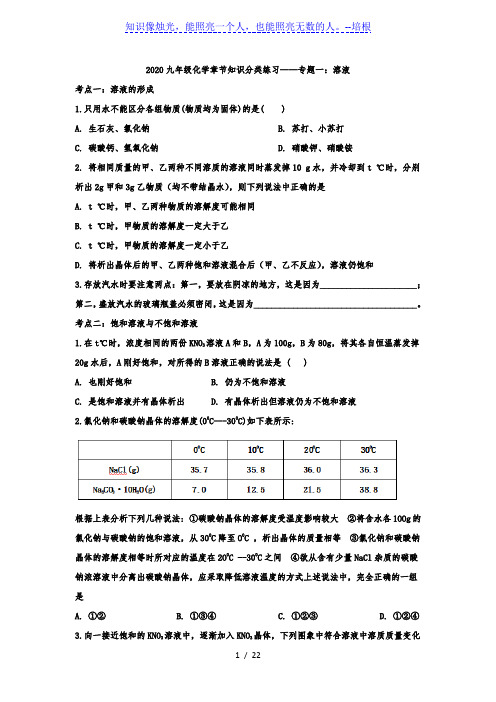 2020九年级化学章节知识分类练习——专题一：溶液(解析版)