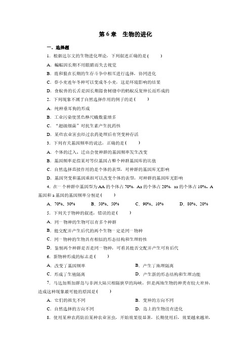 最新人教版高中生物必修2 第6章 生物的进化精练检测题及答案