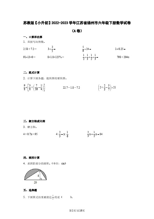 苏教版【小升初】2022-2023学年江苏省扬州市六年级下册数学试卷(A卷)含解析