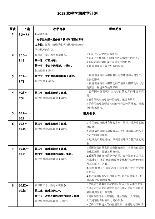 2018秋季学期教学计划