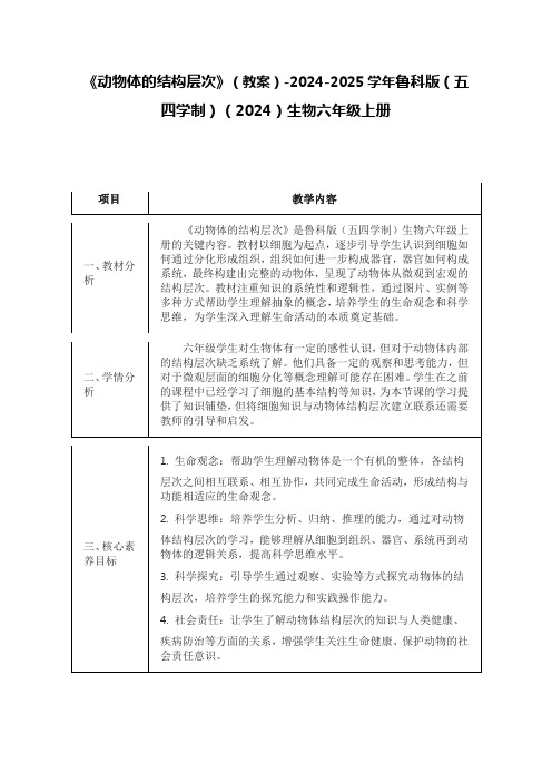 《动物体的结构层次》(教案)-2024-2025学年鲁科版(五四学制)(2024)生物六年级上册