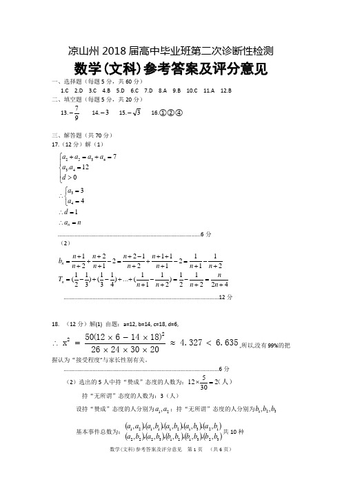 凉山高三诊断考试题-文科数学答案