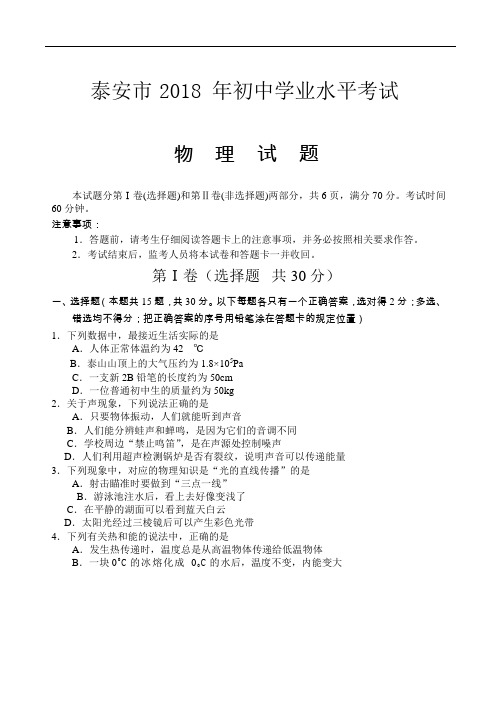 山东省泰安市2018年中考物理试题(word版,含答案)