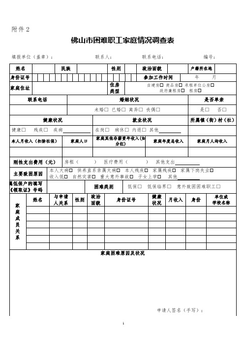 佛山市困难职工家庭情况调查表(救助申请)