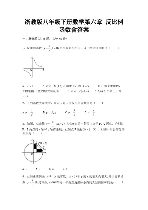 浙教版八年级下册数学第六章 反比例函数含答案