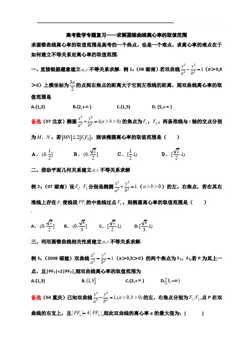 高考数学专题复习——求解圆锥曲线离心率的取值范围