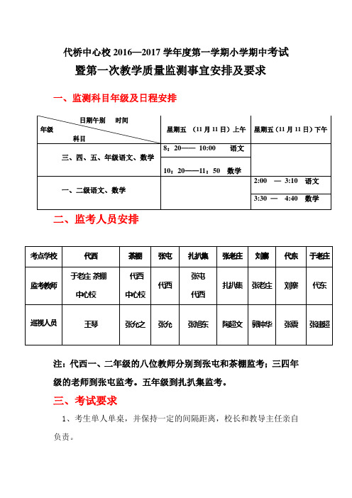 代桥中心校2015—2016学年度第二学期小学第二次教学质量监测日程及考务安排