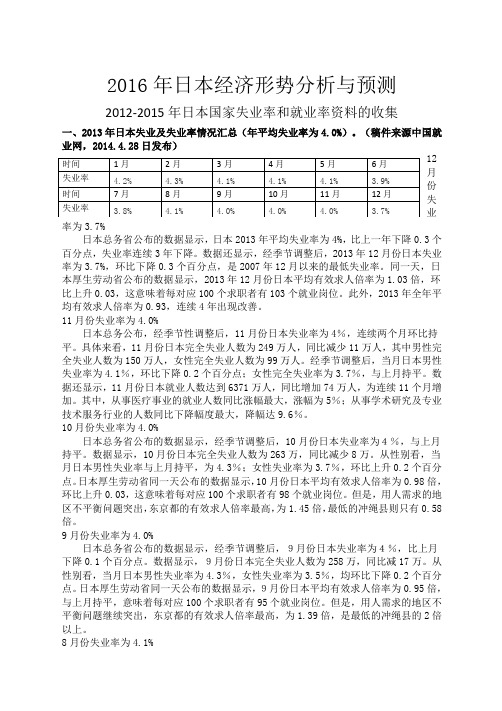 2012-2015年日本就业及失业率的汇总情况