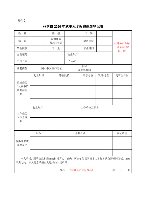 XX学校2020年秋季人才招聘报名登记表【模板】