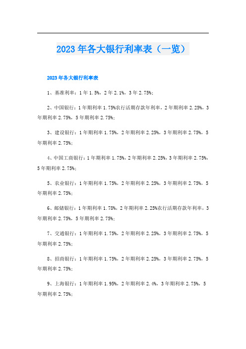 2023年各大银行利率表(一览)