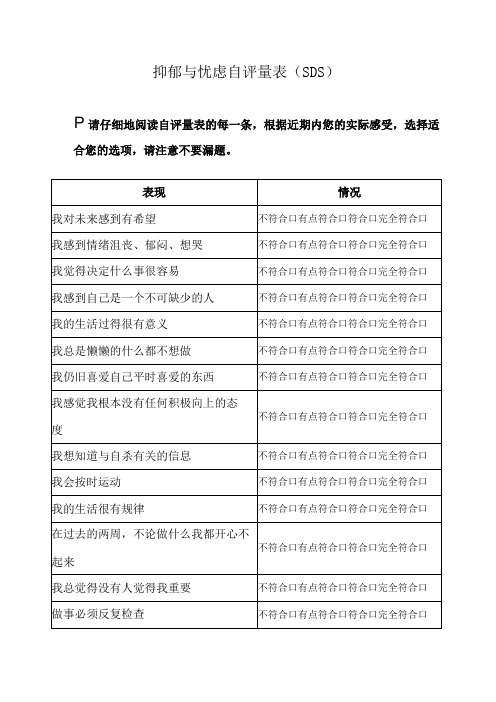 抑郁与忧虑自评量表(SDS)