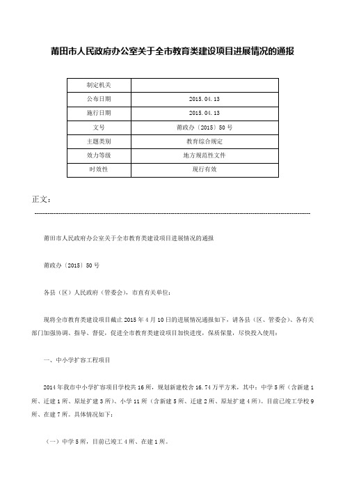 莆田市人民政府办公室关于全市教育类建设项目进展情况的通报-莆政办〔2015〕50号