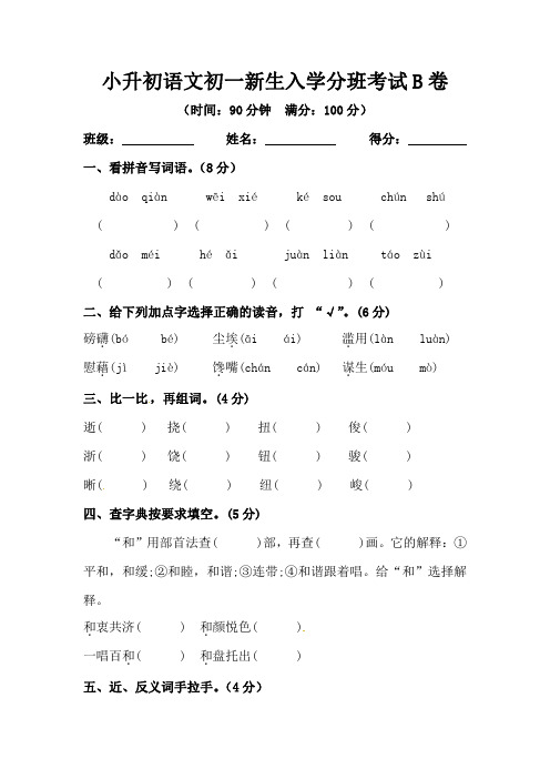 小升初语文初一新生入学分班考试B卷-附答案