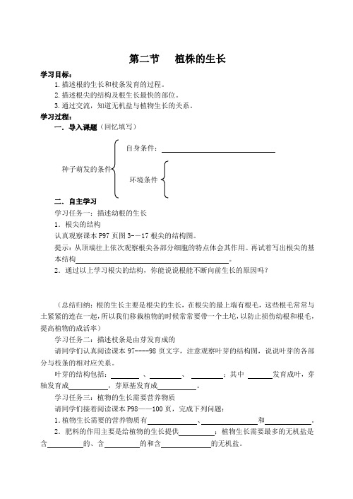 人教版七年级上册生物3.2.2 植株的生长 导学案设计(无答案)