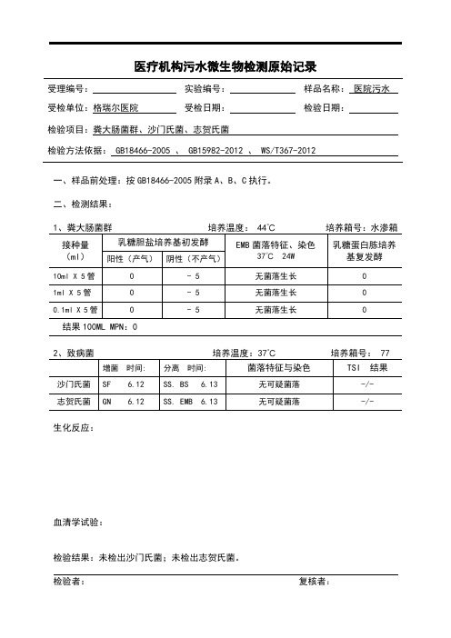 医疗机构污水微生物检测原始记录表