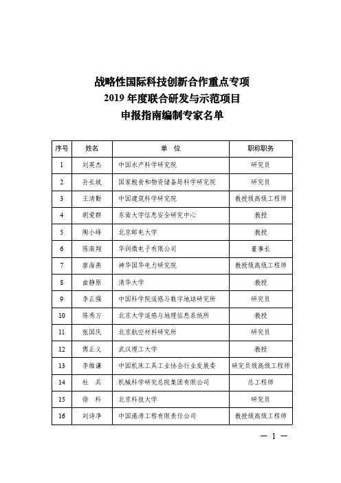 战略性国际科技创新合作重点专项2019年度联合研发与示范