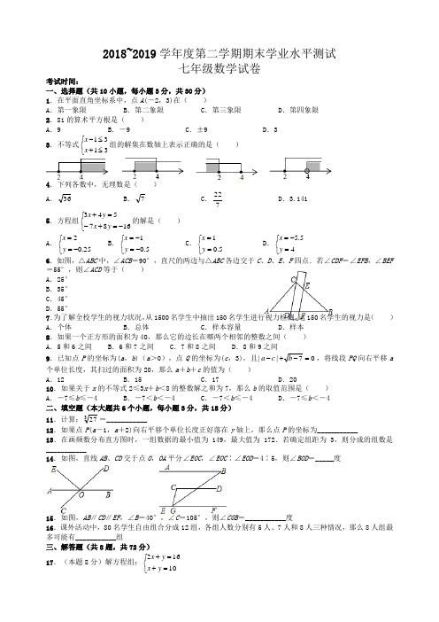 2016~2017年武昌区七年级下学期期末试卷(附答案)