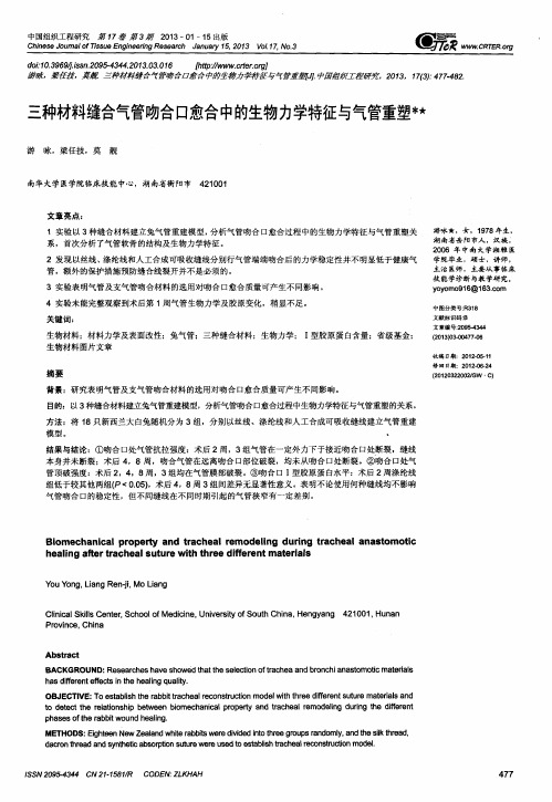 三种材料缝合气管吻合口愈合中的生物力学特征与气管重塑