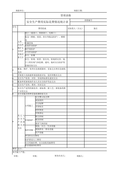 安全生产费用实际花费情况统计表