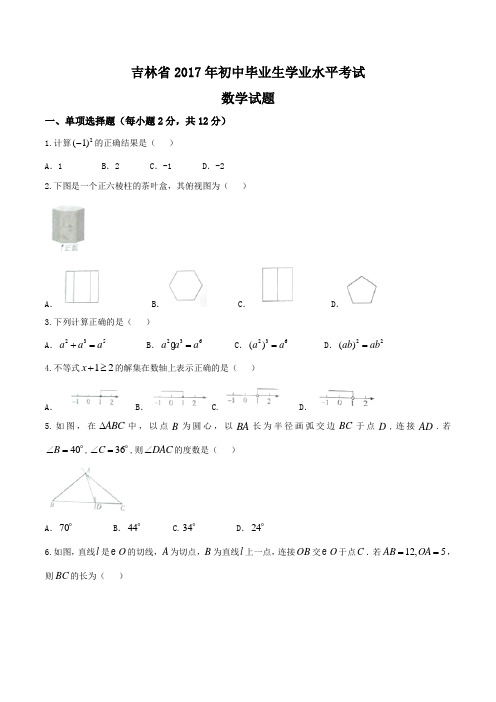 2017年吉林省中考数学试卷及答案