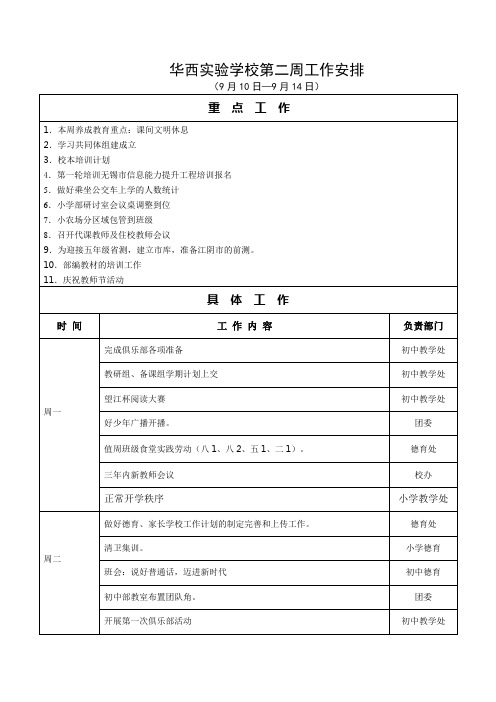 华西学校第二周工作安排