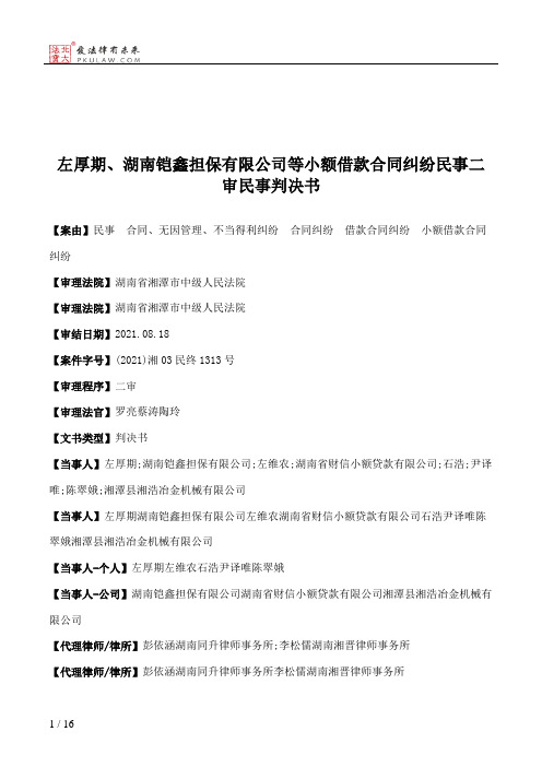 左厚期、湖南铠鑫担保有限公司等小额借款合同纠纷民事二审民事判决书