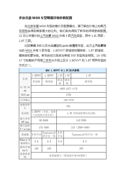 多款名爵MG6车型曝露详细参数配置