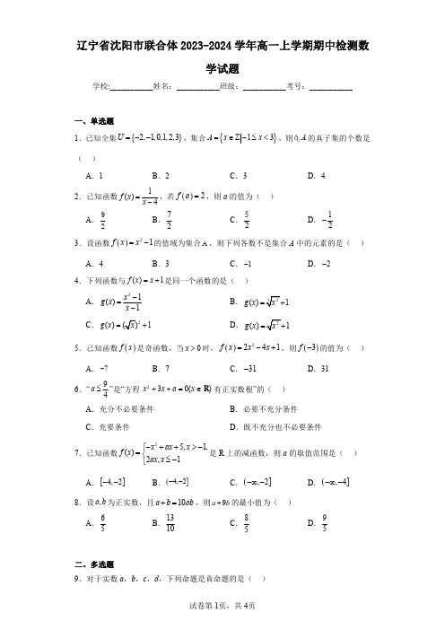 辽宁省沈阳市联合体2023-2024学年高一上学期期中检测数学试题