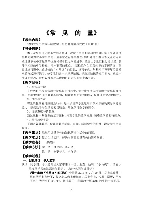 北师大版六年级下册数学总复习《常见的量》教学设计