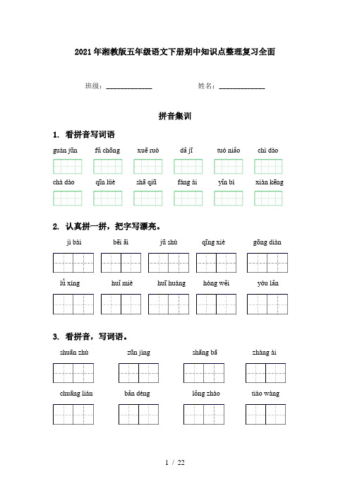 2021年湘教版五年级语文下册期中知识点整理复习全面