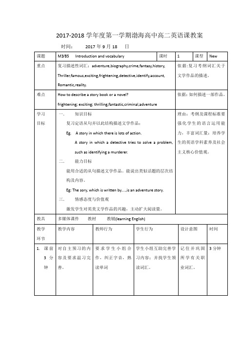 辽宁省大连渤海高级中学外研版高中英语必修5教案：Module 3 Introduction and vocabulary 