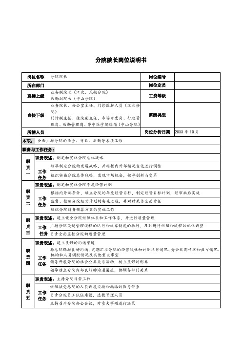 岗位职责-湖北新华医院分院院长岗位说明书 精品