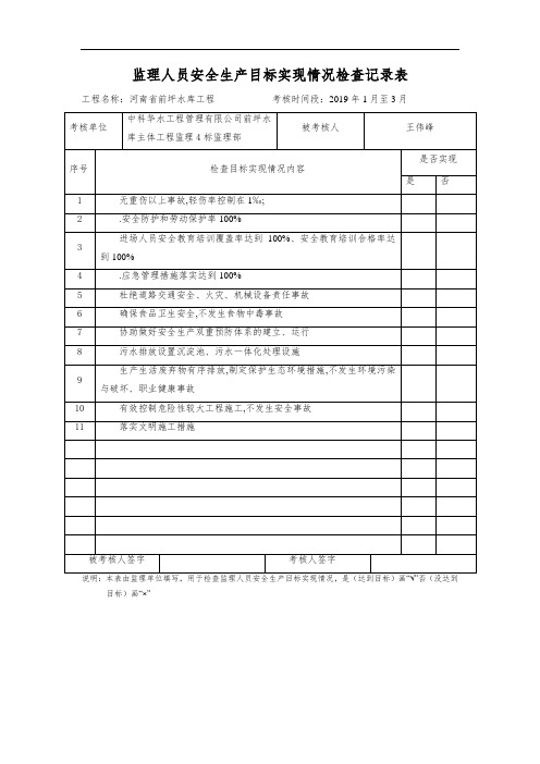 2019年第一季度安全生产目标实现情况检查记录表