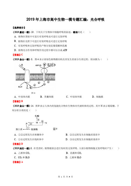 2019年上海市高中生物一模专题汇编：光合呼吸(教师版)