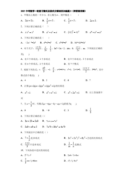 2021中考数学一轮复习整式及因式分解培优训练题3(附答案详解)