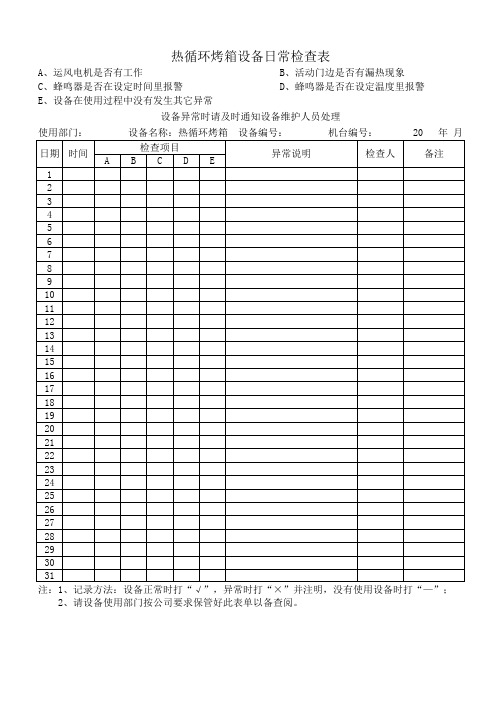 热循环烤箱设备日常检查表