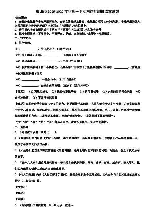 唐山市2019-2020学年初一下期末达标测试语文试题含解析