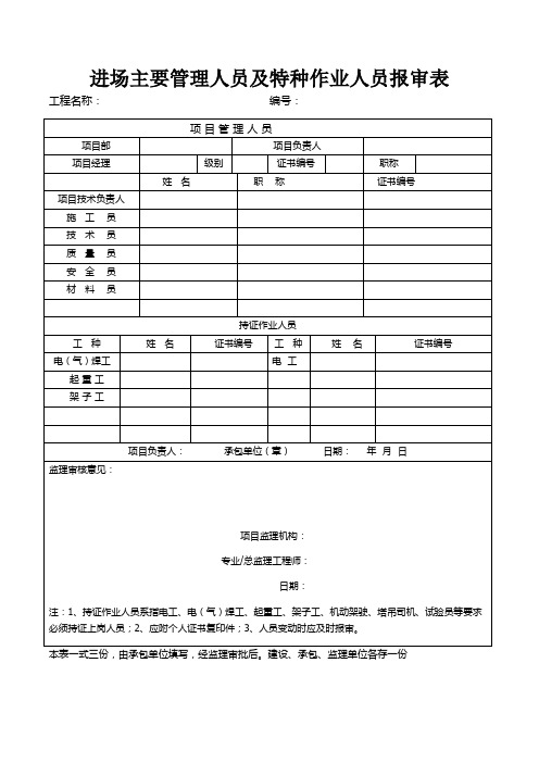 进场主要管理人员及特种作业人员报审表