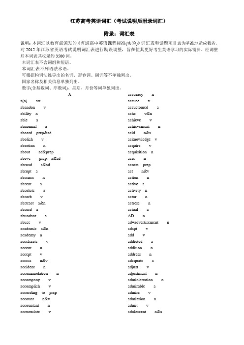 江苏高考英语词汇新增词汇考试说明后附录词汇