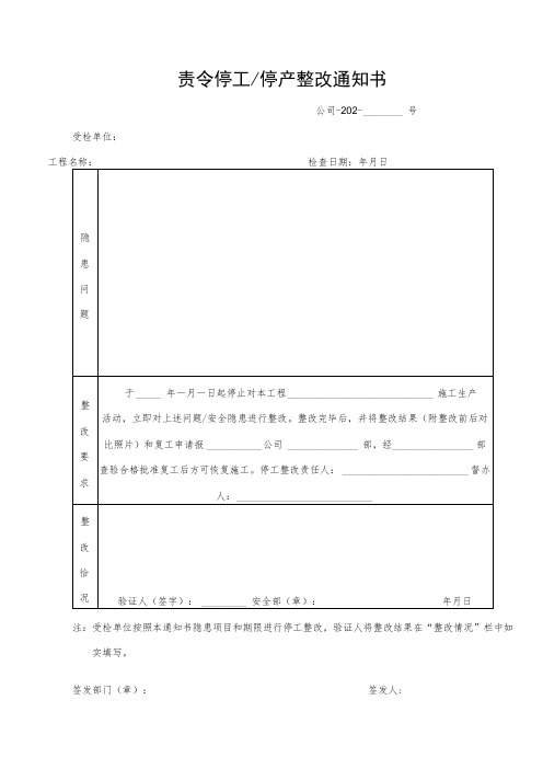 施工现场停责令停工停产整改通知书、复工申请、整改回复